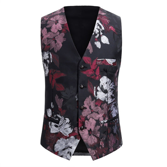 Maroon # Men's slim fit 3-piece allover floral print suit with peaked lapel and button closure, maroon formal blazer jacket with matching vest and flat-front trousers, elegant polyester suit for wedding, prom, party and special occasions, isolated on white background.