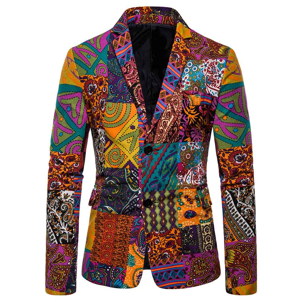 Canvas # Men's single-breasted two-button floral printed casual blazer with notched lapel and center back vent, canvas sport coat featuring random cutting floral print, three-button cuffs and two front flap pockets, soft spandex polyester blend jacket for party, prom, banquet, show and daily wear, isolated on white background.