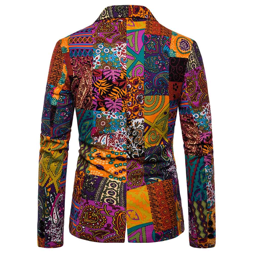 Canvas # Men's single-breasted two-button floral printed casual blazer with notched lapel and center back vent, canvas sport coat featuring random cutting floral print, three-button cuffs and two front flap pockets, soft spandex polyester blend jacket for party, prom, banquet, show and daily wear, isolated on white background.