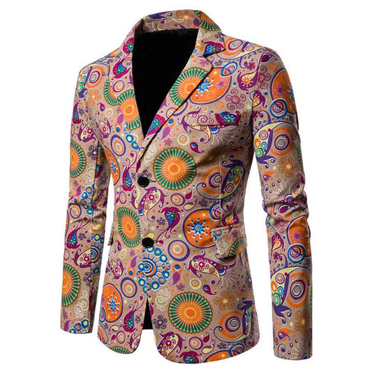 Multi-color # Men's floral printed casual blazer with single-breasted two-button notched lapel, soft cotton-poly blend sport coat with random cutting floral pattern for party, prom, banquet, show and festival, isolated on white background.