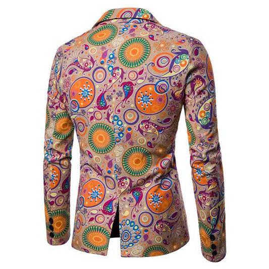 Multi-color # Men's floral printed casual blazer with single-breasted two-button notched lapel, soft cotton-poly blend sport coat with random cutting floral pattern for party, prom, banquet, show and festival, isolated on white background.