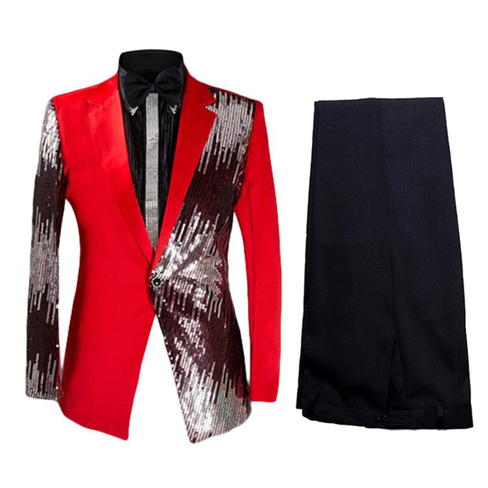 Red # Men's prom stylish 2-piece sequin suit with round sequin decoration and exquisite buttons, red sparkle blazer jacket with flat-front trousers featuring extended waist strap, slanted side pockets and back insert pocket for prom, party, wedding and stage performance, isolated on white background.