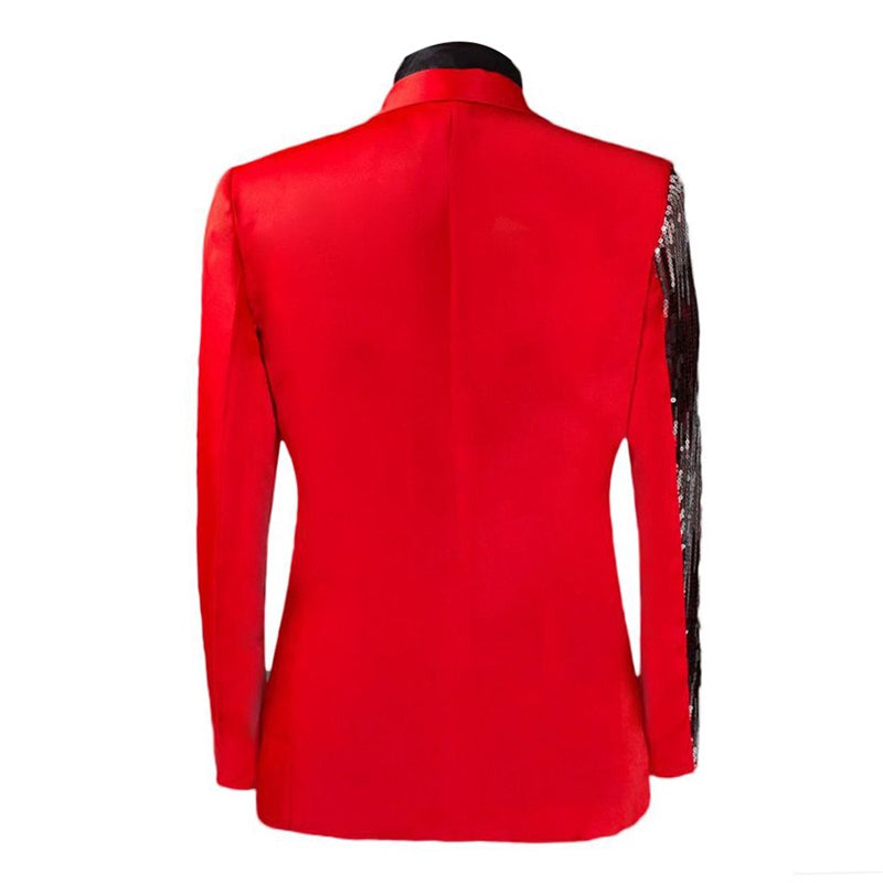 Red # Men's prom stylish 2-piece sequin suit with round sequin decoration and exquisite buttons, red sparkle blazer jacket with flat-front trousers featuring extended waist strap, slanted side pockets and back insert pocket for prom, party, wedding and stage performance, isolated on white background.