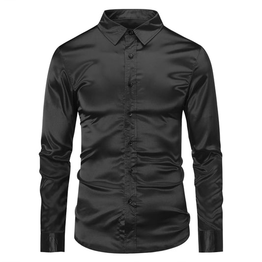 Black # Men's casual fashion shiny long sleeve lapel shirt, slim fit point collar button-closure with two sleeve buttons, tone-to-tone embroidery design in smooth breathable polyester blend fabric for party, wedding, business, prom and daily wear, isolated on white background.