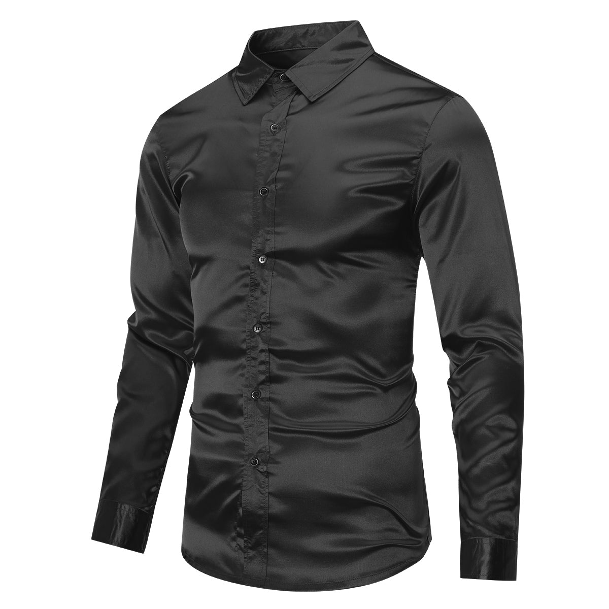 Black # Men's casual fashion shiny long sleeve lapel shirt, slim fit point collar button-closure with two sleeve buttons, tone-to-tone embroidery design in smooth breathable polyester blend fabric for party, wedding, business, prom and daily wear, isolated on white background.