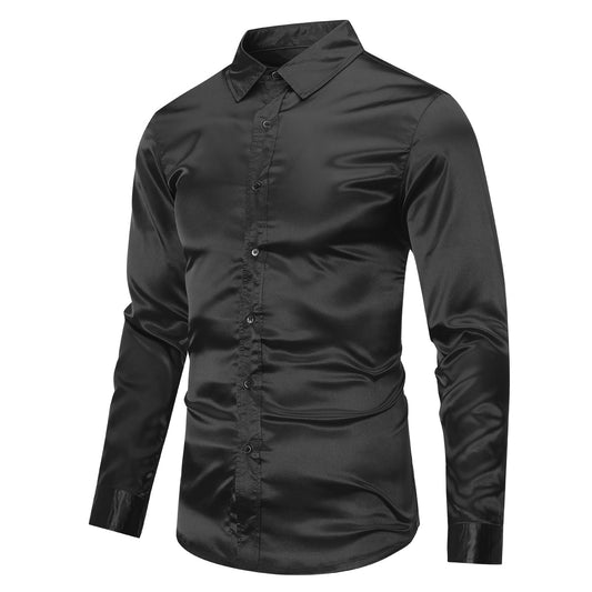 Black # Men's casual fashion shiny long sleeve lapel shirt, slim fit point collar button-closure with two sleeve buttons, tone-to-tone embroidery design in smooth breathable polyester blend fabric for party, wedding, business, prom and daily wear, isolated on white background.
