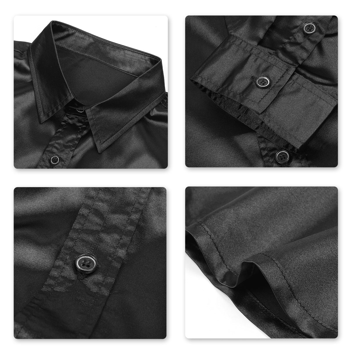 Black # Men's casual fashion shiny long sleeve lapel shirt, slim fit point collar button-closure with two sleeve buttons, tone-to-tone embroidery design in smooth breathable polyester blend fabric for party, wedding, business, prom and daily wear, isolated on white background.