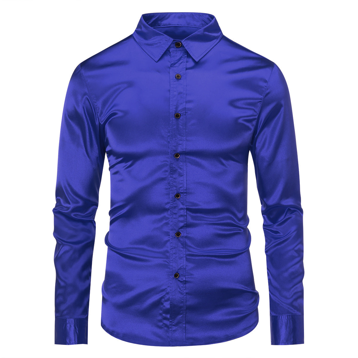 Blue # Men's casual fashion shiny long sleeve lapel shirt, slim fit point collar button-closure with two sleeve buttons, tone-to-tone embroidery design in smooth breathable polyester blend fabric for party, wedding, business, prom and daily wear, isolated on white background.