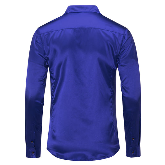Blue # Men's casual fashion shiny long sleeve lapel shirt, slim fit point collar button-closure with two sleeve buttons, tone-to-tone embroidery design in smooth breathable polyester blend fabric for party, wedding, business, prom and daily wear, isolated on white background.Men's Casual Fashion Shiny Long Sleeve Lapel Shirt Blue - Cloudstyle