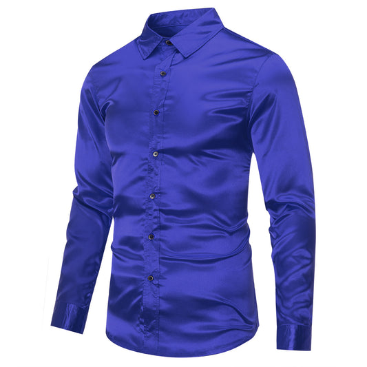 Blue # Men's casual fashion shiny long sleeve lapel shirt, slim fit point collar button-closure with two sleeve buttons, tone-to-tone embroidery design in smooth breathable polyester blend fabric for party, wedding, business, prom and daily wear, isolated on white background.Men's Casual Fashion Shiny Long Sleeve Lapel Shirt Blue - Cloudstyle