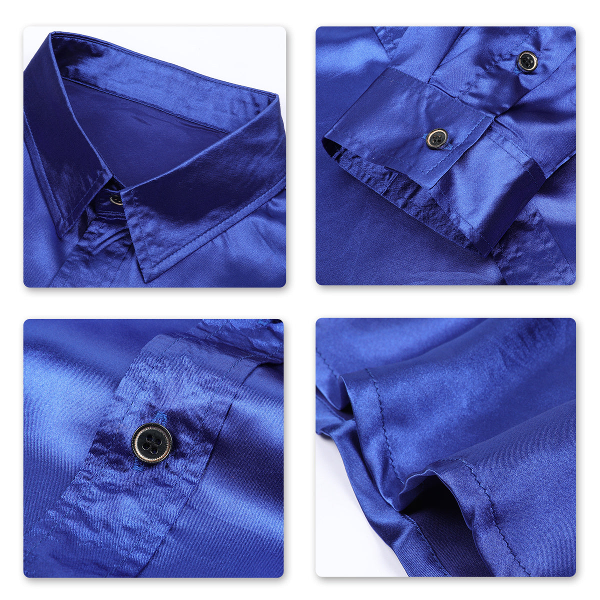 Blue # Men's casual fashion shiny long sleeve lapel shirt, slim fit point collar button-closure with two sleeve buttons, tone-to-tone embroidery design in smooth breathable polyester blend fabric for party, wedding, business, prom and daily wear, isolated on white background.