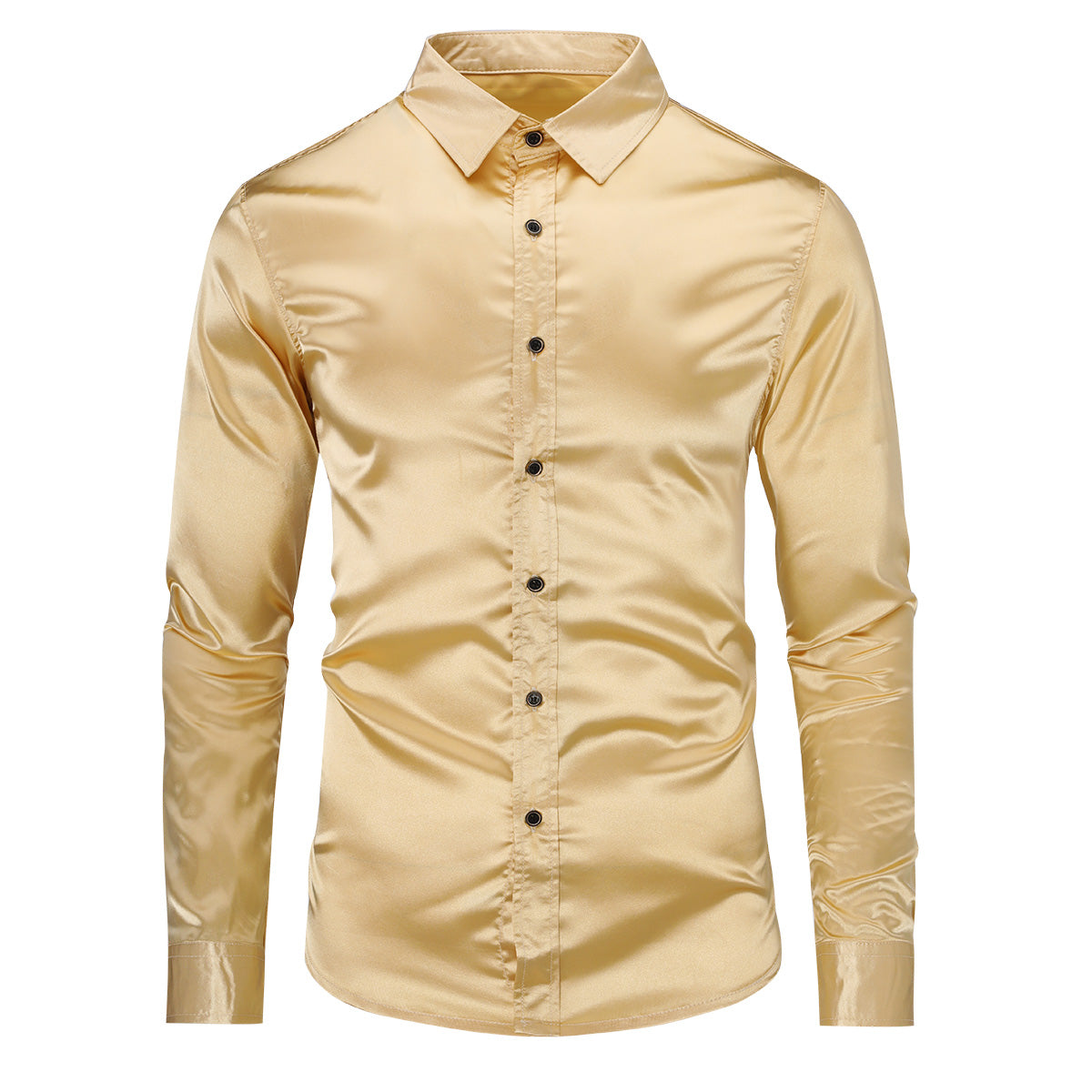 Gold # Men's casual fashion shiny long sleeve lapel shirt, slim fit point collar button-closure with two sleeve buttons, tone-to-tone embroidery design in smooth breathable polyester blend fabric for party, wedding, business, prom and daily wear, isolated on white background.