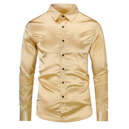 Gold # Men's casual fashion shiny long sleeve lapel shirt, slim fit point collar button-closure with two sleeve buttons, tone-to-tone embroidery design in smooth breathable polyester blend fabric for party, wedding, business, prom and daily wear, isolated on white background.