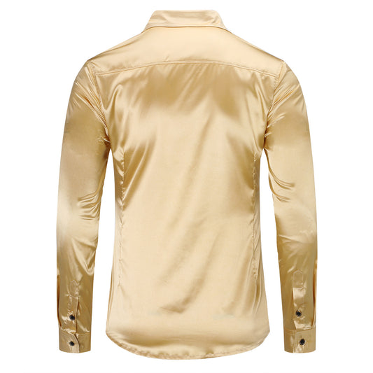 Gold # Men's casual fashion shiny long sleeve lapel shirt, slim fit point collar button-closure with two sleeve buttons, tone-to-tone embroidery design in smooth breathable polyester blend fabric for party, wedding, business, prom and daily wear, isolated on white background.
