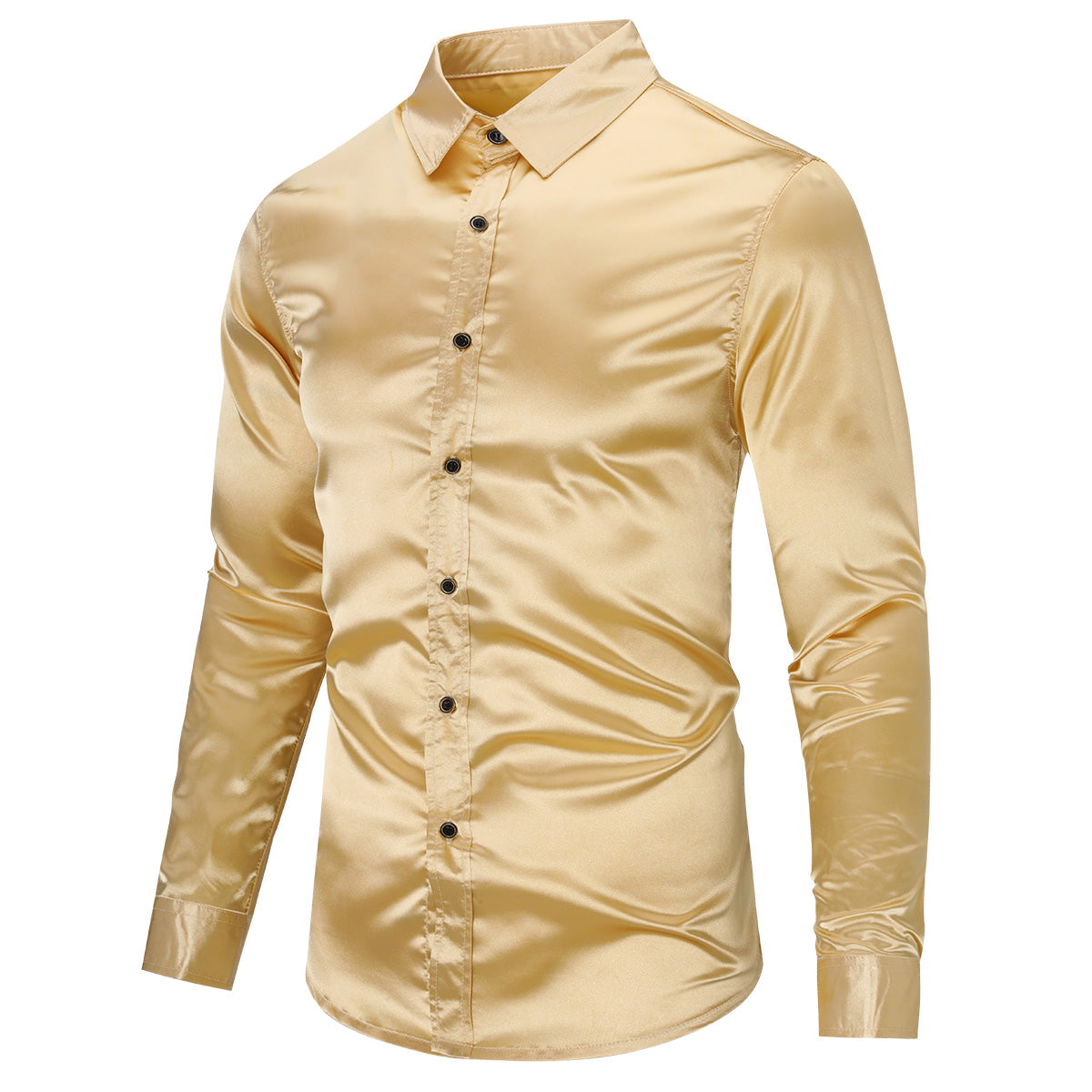 Gold # Men's casual fashion shiny long sleeve lapel shirt, slim fit point collar button-closure with two sleeve buttons, tone-to-tone embroidery design in smooth breathable polyester blend fabric for party, wedding, business, prom and daily wear, isolated on white background.