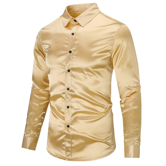 Gold # Men's casual fashion shiny long sleeve lapel shirt, slim fit point collar button-closure with two sleeve buttons, tone-to-tone embroidery design in smooth breathable polyester blend fabric for party, wedding, business, prom and daily wear, isolated on white background.