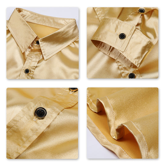 Gold # Men's casual fashion shiny long sleeve lapel shirt, slim fit point collar button-closure with two sleeve buttons, tone-to-tone embroidery design in smooth breathable polyester blend fabric for party, wedding, business, prom and daily wear, isolated on white background.