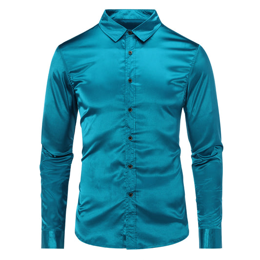 Lake Blue # Men's casual fashion shiny long sleeve lapel shirt, slim fit point collar button-closure with two sleeve buttons, tone-to-tone embroidery design in smooth breathable polyester blend fabric for party, festival, prom, wedding, business and daily wear, isolated on white background.