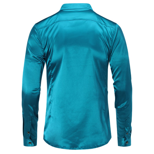 Lake Blue # Men's casual fashion shiny long sleeve lapel shirt, slim fit point collar button-closure with two sleeve buttons, tone-to-tone embroidery design in smooth breathable polyester blend fabric for party, festival, prom, wedding, business and daily wear, isolated on white background.