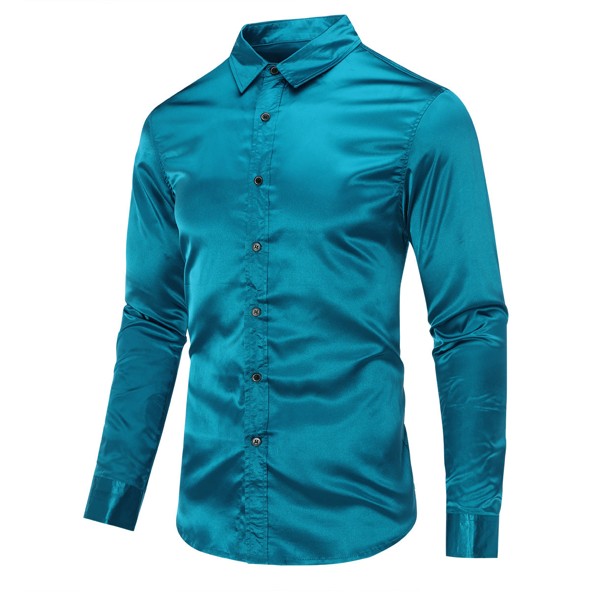 Lake Blue # Men's casual fashion shiny long sleeve lapel shirt, slim fit point collar button-closure with two sleeve buttons, tone-to-tone embroidery design in smooth breathable polyester blend fabric for party, festival, prom, wedding, business and daily wear, isolated on white background.
