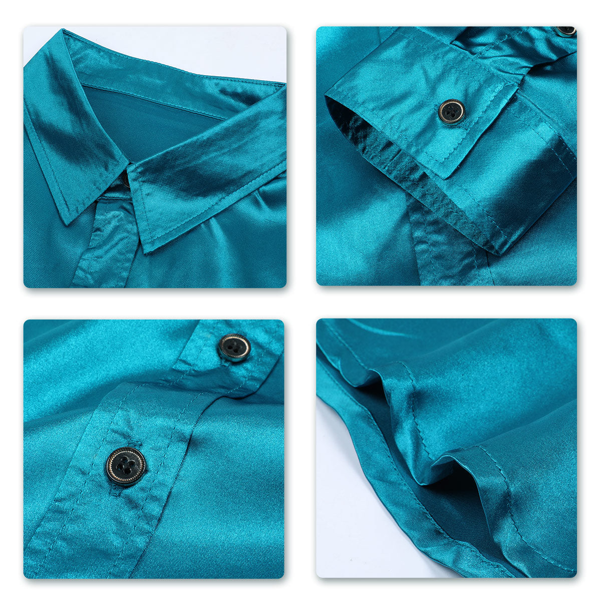 Lake Blue # Men's casual fashion shiny long sleeve lapel shirt, slim fit point collar button-closure with two sleeve buttons, tone-to-tone embroidery design in smooth breathable polyester blend fabric for party, festival, prom, wedding, business and daily wear, isolated on white background.