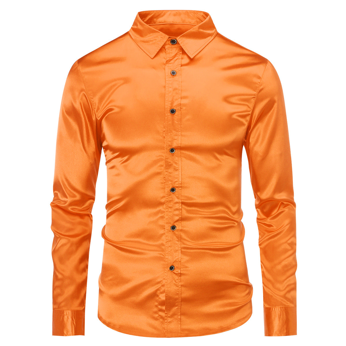 Orange # Men's casual fashion shiny long sleeve lapel shirt, slim fit point collar button-closure with two sleeve buttons, tone-to-tone embroidery design in smooth breathable polyester blend fabric for party, festival, prom, wedding, business and daily wear, isolated on white background.