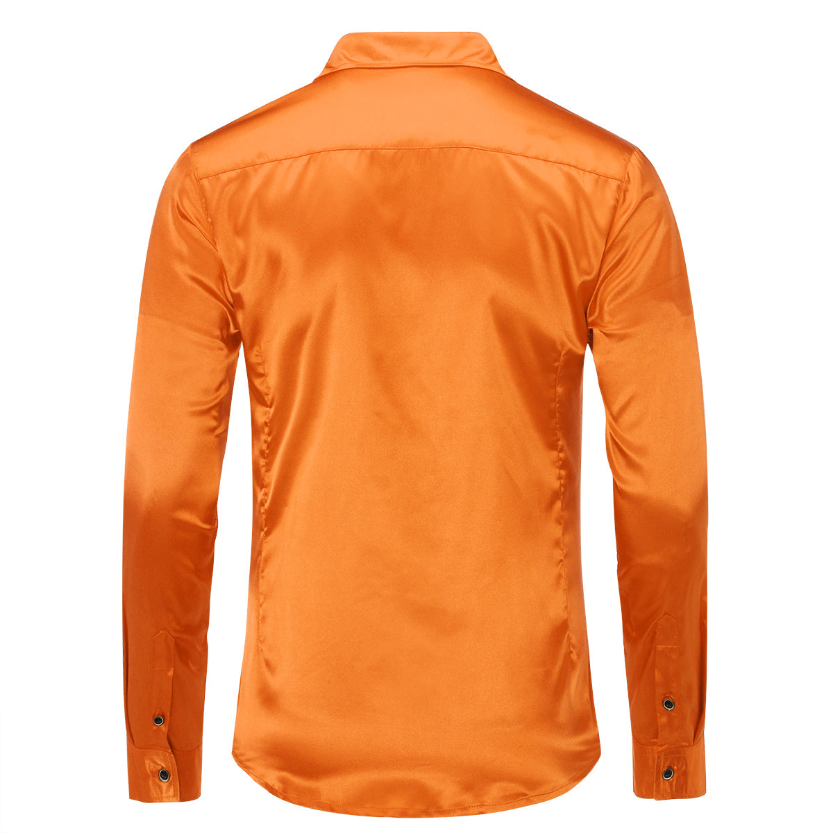 Orange # Men's casual fashion shiny long sleeve lapel shirt, slim fit point collar button-closure with two sleeve buttons, tone-to-tone embroidery design in smooth breathable polyester blend fabric for party, festival, prom, wedding, business and daily wear, isolated on white background.