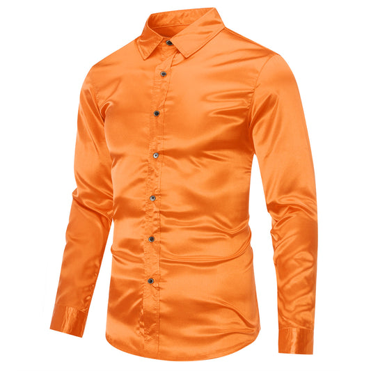 Orange # Men's casual fashion shiny long sleeve lapel shirt, slim fit point collar button-closure with two sleeve buttons, tone-to-tone embroidery design in smooth breathable polyester blend fabric for party, festival, prom, wedding, business and daily wear, isolated on white background.