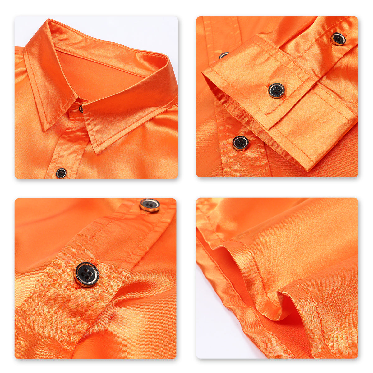 Orange # Men's casual fashion shiny long sleeve lapel shirt, slim fit point collar button-closure with two sleeve buttons, tone-to-tone embroidery design in smooth breathable polyester blend fabric for party, festival, prom, wedding, business and daily wear, isolated on white background.