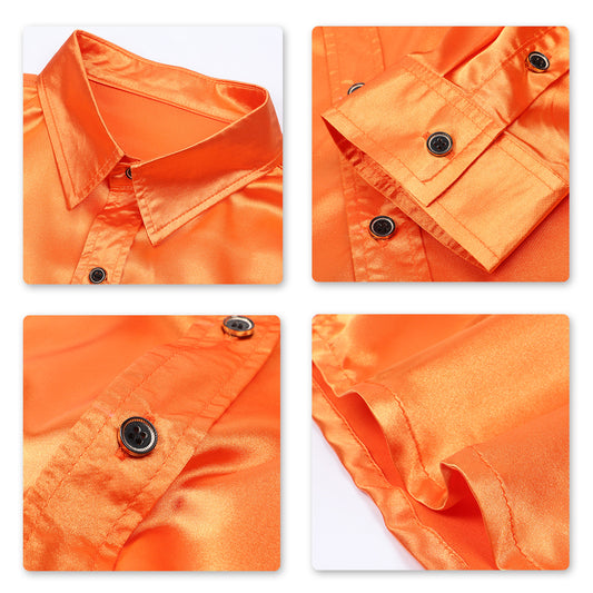 Orange # Men's casual fashion shiny long sleeve lapel shirt, slim fit point collar button-closure with two sleeve buttons, tone-to-tone embroidery design in smooth breathable polyester blend fabric for party, festival, prom, wedding, business and daily wear, isolated on white background.