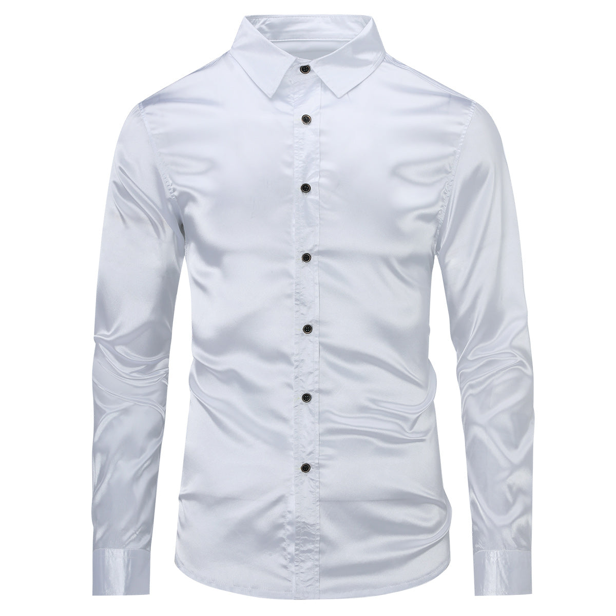 White # Men's casual fashion shiny long sleeve lapel shirt, slim fit point collar button-closure with two sleeve buttons, tone-to-tone embroidery design in smooth breathable polyester blend fabric for party, wedding, business, prom and daily wear, isolated on white background.