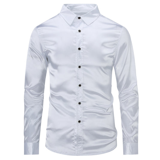 White # Men's casual fashion shiny long sleeve lapel shirt, slim fit point collar button-closure with two sleeve buttons, tone-to-tone embroidery design in smooth breathable polyester blend fabric for party, wedding, business, prom and daily wear, isolated on white background.