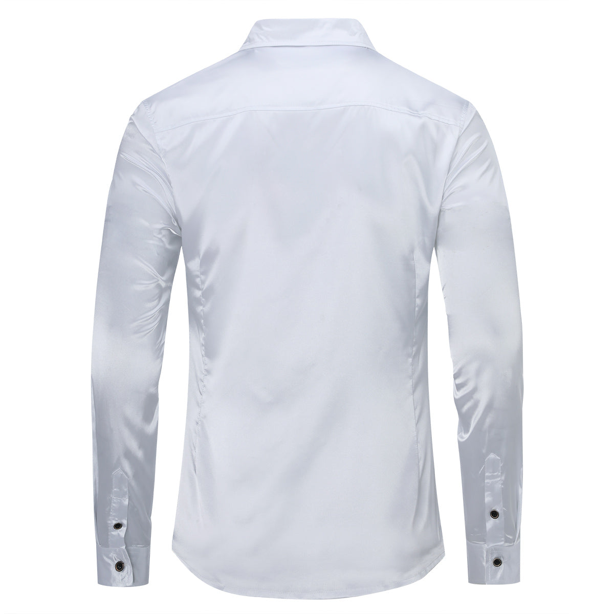 White # Men's casual fashion shiny long sleeve lapel shirt, slim fit point collar button-closure with two sleeve buttons, tone-to-tone embroidery design in smooth breathable polyester blend fabric for party, wedding, business, prom and daily wear, isolated on white background.