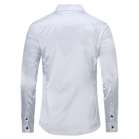 White # Men's casual fashion shiny long sleeve lapel shirt, slim fit point collar button-closure with two sleeve buttons, tone-to-tone embroidery design in smooth breathable polyester blend fabric for party, wedding, business, prom and daily wear, isolated on white background.