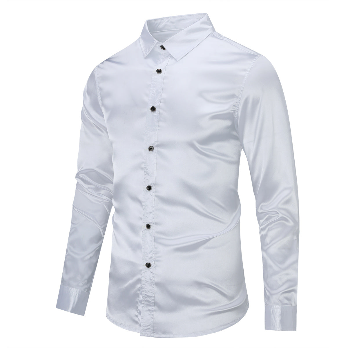 White # Men's casual fashion shiny long sleeve lapel shirt, slim fit point collar button-closure with two sleeve buttons, tone-to-tone embroidery design in smooth breathable polyester blend fabric for party, wedding, business, prom and daily wear, isolated on white background.