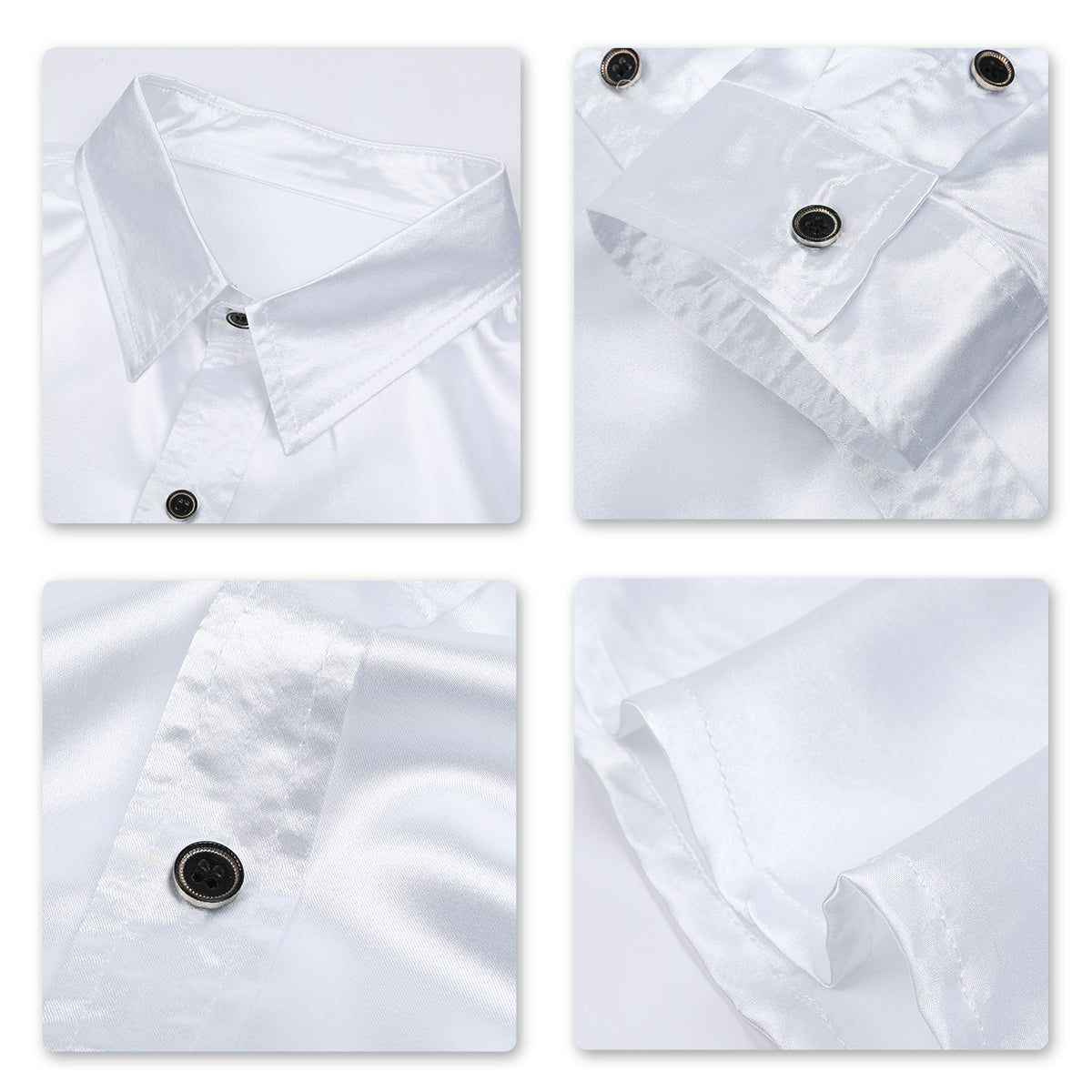 White # Men's casual fashion shiny long sleeve lapel shirt, slim fit point collar button-closure with two sleeve buttons, tone-to-tone embroidery design in smooth breathable polyester blend fabric for party, wedding, business, prom and daily wear, isolated on white background.