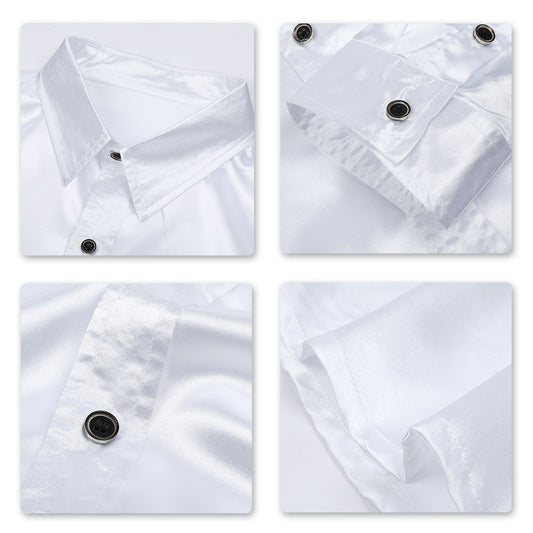 White # Men's casual fashion shiny long sleeve lapel shirt, slim fit point collar button-closure with two sleeve buttons, tone-to-tone embroidery design in smooth breathable polyester blend fabric for party, wedding, business, prom and daily wear, isolated on white background.
