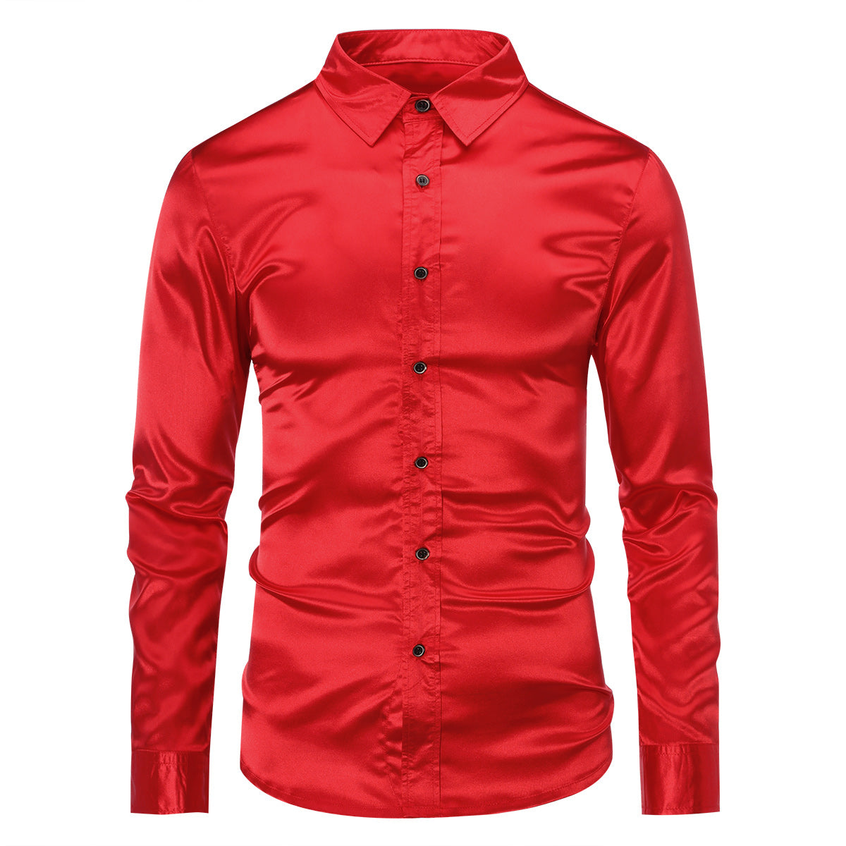Red # Men's shiny long sleeve slim fit lapel shirt with point collar and button closure, red casual dress shirt with tone-to-tone embroidery and two-button cuffs for party, prom, wedding, business and daily wear, isolated on white background.