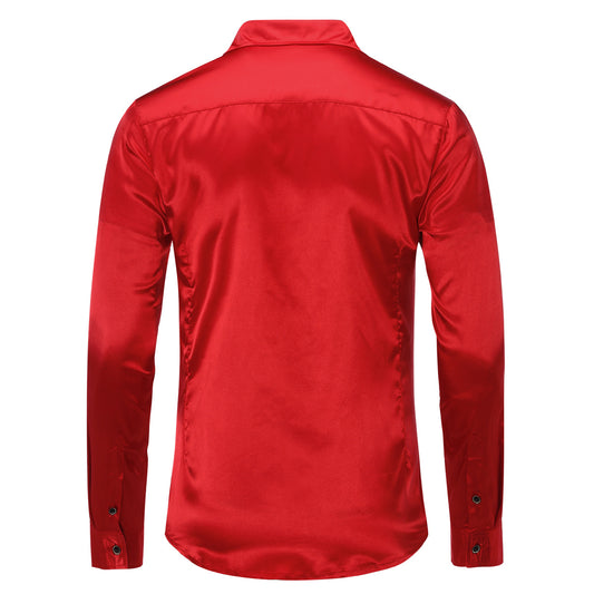 Red # Men's shiny long sleeve slim fit lapel shirt with point collar and button closure, red casual dress shirt with tone-to-tone embroidery and two-button cuffs for party, prom, wedding, business and daily wear, isolated on white background.
