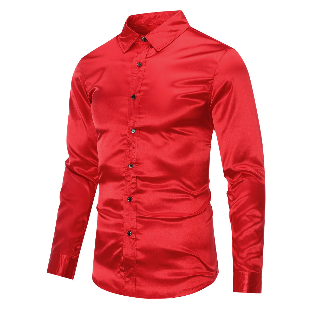 Red # Men's shiny long sleeve slim fit lapel shirt with point collar and button closure, red casual dress shirt with tone-to-tone embroidery and two-button cuffs for party, prom, wedding, business and daily wear, isolated on white background.