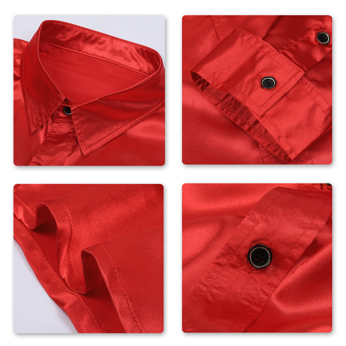 Red # Men's shiny long sleeve slim fit lapel shirt with point collar and button closure, red casual dress shirt with tone-to-tone embroidery and two-button cuffs for party, prom, wedding, business and daily wear, isolated on white background.