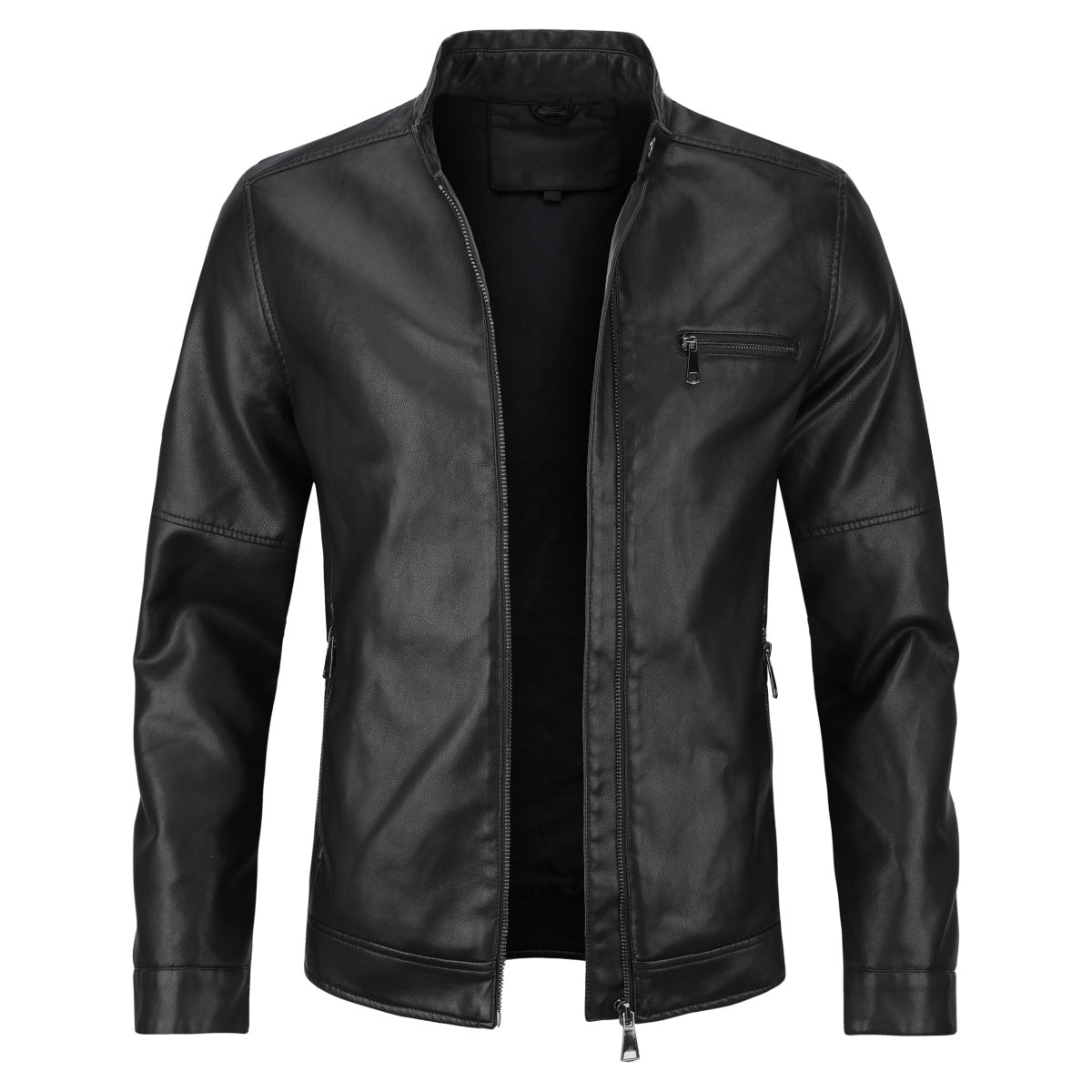 Black # Men's casual zip-up motorcycle leather jacket with multi-pocket design and solid color简约 style, black genuine leather outwear with smooth seams and breathable comfort for daily wear, motorcycle riding, party and casual occasions, isolated on white background.