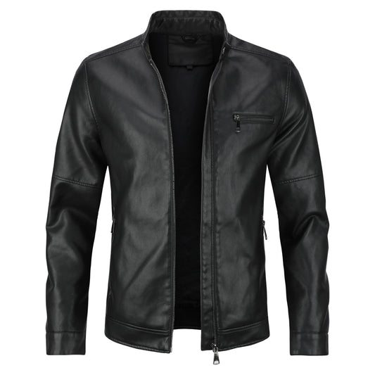 Black # Men's casual zip-up motorcycle leather jacket with multi-pocket design and solid color简约 style, black genuine leather outwear with smooth seams and breathable comfort for daily wear, motorcycle riding, party and casual occasions, isolated on white background.