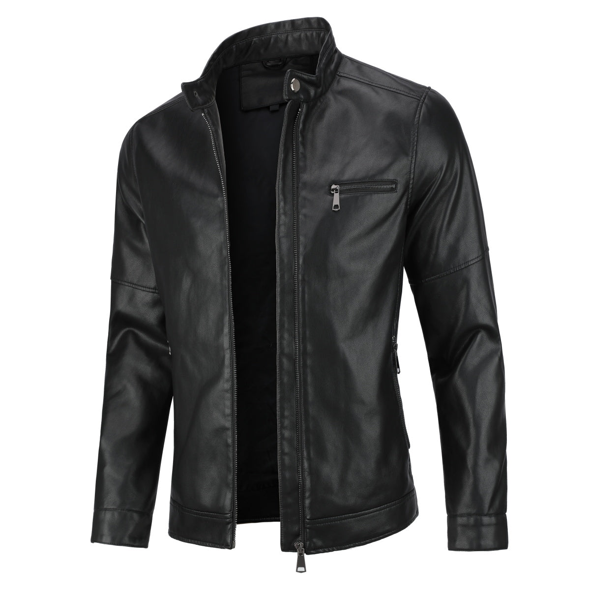 Black # Men's casual zip-up motorcycle leather jacket with multi-pocket design and solid color简约 style, black genuine leather outwear with smooth seams and breathable comfort for daily wear, motorcycle riding, party and casual occasions, isolated on white background.