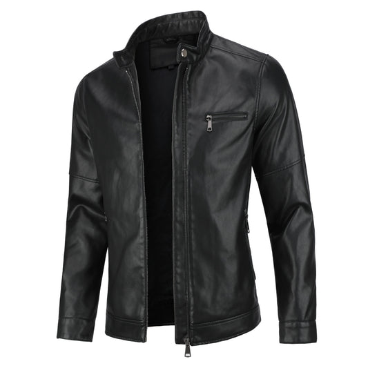 Black # Men's casual zip-up motorcycle leather jacket with multi-pocket design and solid color简约 style, black genuine leather outwear with smooth seams and breathable comfort for daily wear, motorcycle riding, party and casual occasions, isolated on white background.