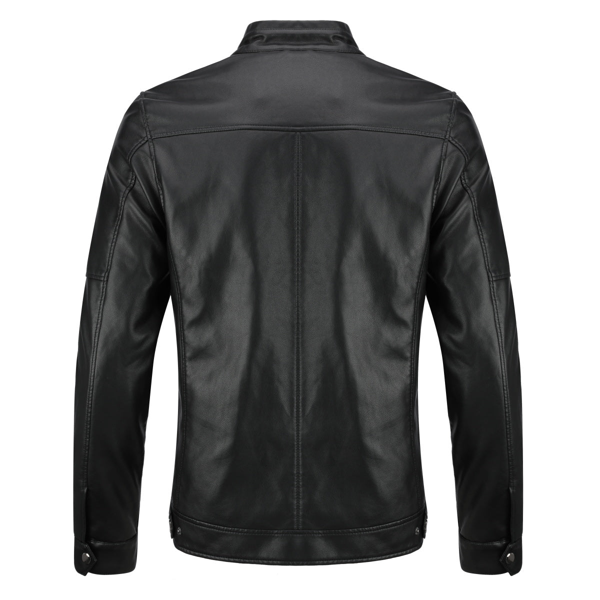 Black # Men's casual zip-up motorcycle leather jacket with multi-pocket design and solid color简约 style, black genuine leather outwear with smooth seams and breathable comfort for daily wear, motorcycle riding, party and casual occasions, isolated on white background.