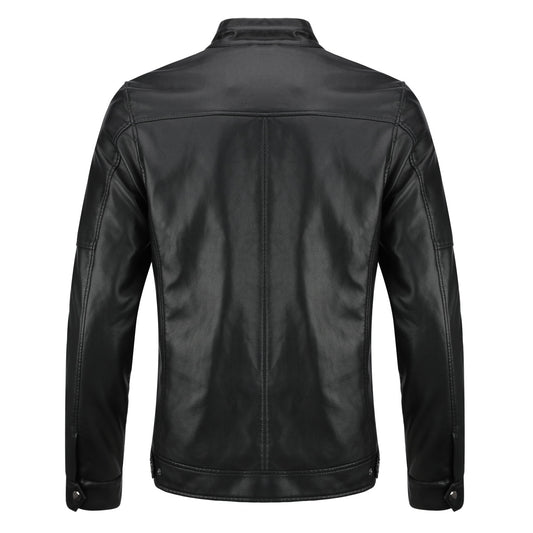 Black # Men's casual zip-up motorcycle leather jacket with multi-pocket design and solid color简约 style, black genuine leather outwear with smooth seams and breathable comfort for daily wear, motorcycle riding, party and casual occasions, isolated on white background.
