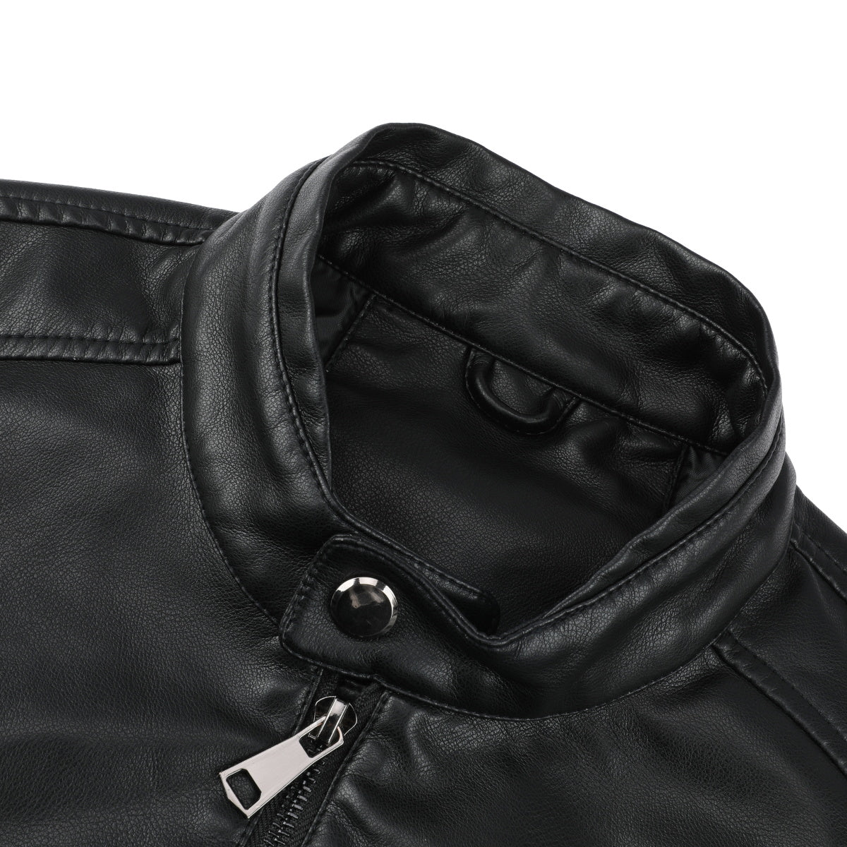 Black # Men's casual zip-up motorcycle leather jacket with multi-pocket design and solid color简约 style, black genuine leather outwear with smooth seams and breathable comfort for daily wear, motorcycle riding, party and casual occasions, isolated on white background.