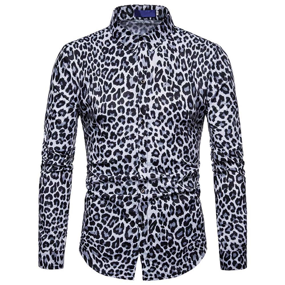 Black # Men's regular fit leopard print shirt with point collar and button-down closure, long sleeve casual top in soft breathable polyester cotton blend for daily wear, party and outdoor activities, isolated on white background.