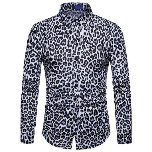 Black # Men's regular fit leopard print shirt with point collar and button-down closure, long sleeve casual top in soft breathable polyester cotton blend for daily wear, party and outdoor activities, isolated on white background.